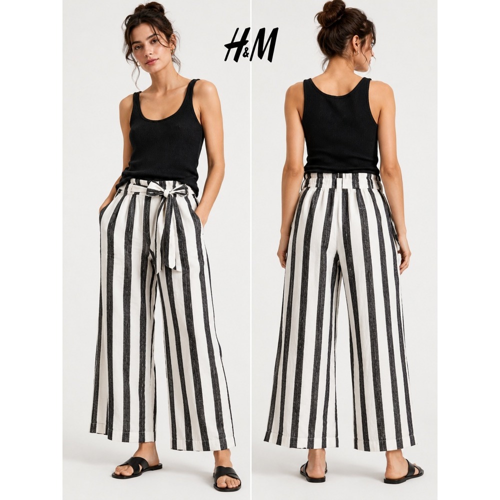 H&M Striped Wide Leg Linen Blend Pants Black White High Rise Tie Waist Size S